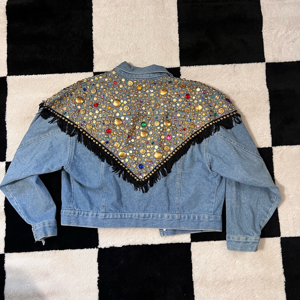 Vintage Embellished Denim Jacket with Fringe - Picture 4 of 6